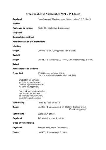 Orde van dienst en zondagsbrief 5 december 2021 2e advent