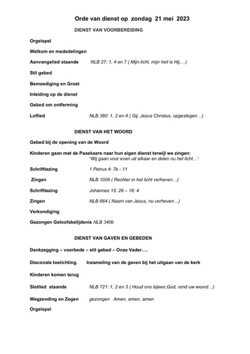 Orde van dienst en zondagsbrief 21 mei 2023