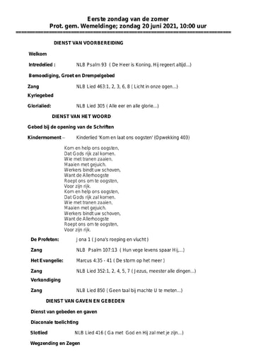 Orde van dienst en zondagsbrief 20  juni 2021