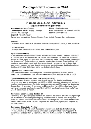 Zondagsbrief 1 november 2020
