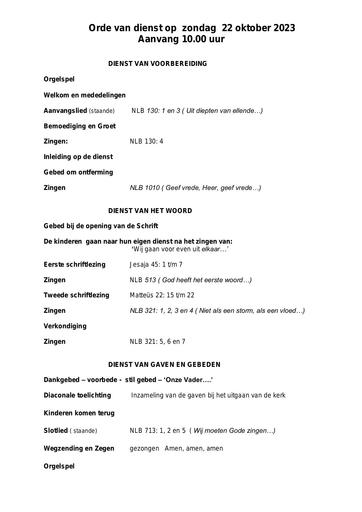 Orde van dienst  en zondagsbrief 22 oktober 2023