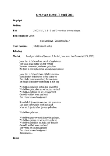 Orde van dienst en zondagsbrief 18 april  2021