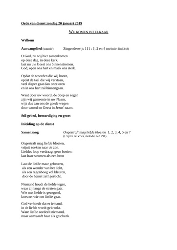 Orde van dienst 20 januari 2018 doopdienst