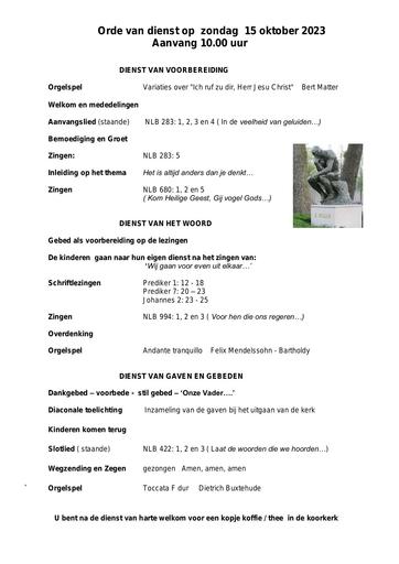 Ore van dienst en nieuwsbrief 15 oktober 2023