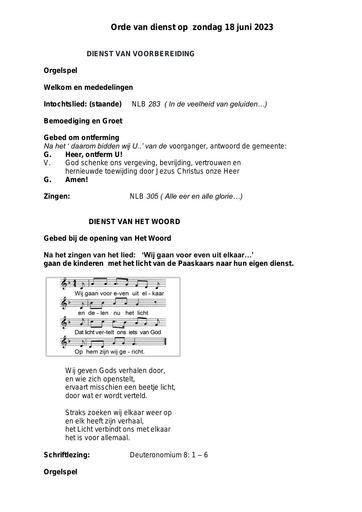 Orde van dienst en zondagsbrief 18  juni 2023