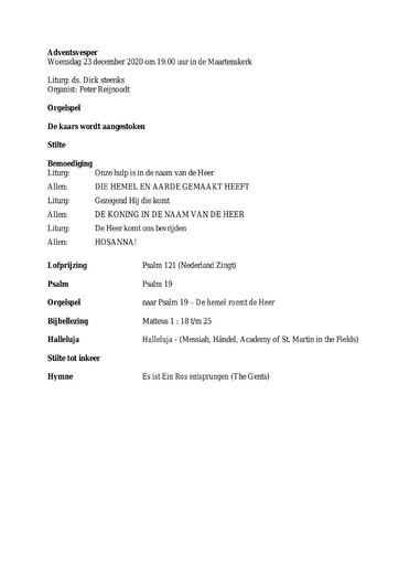 Orde van adventsvesper 23 december 2020