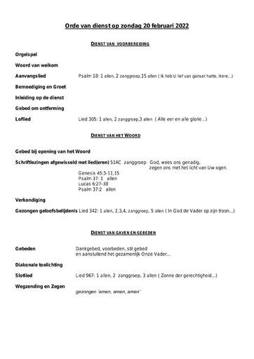 Orde van dienst en zondagsbrief 20 februari 2022