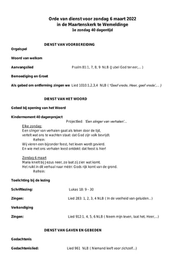 Orde van dienst en zondagsbrief  6 maart 2022