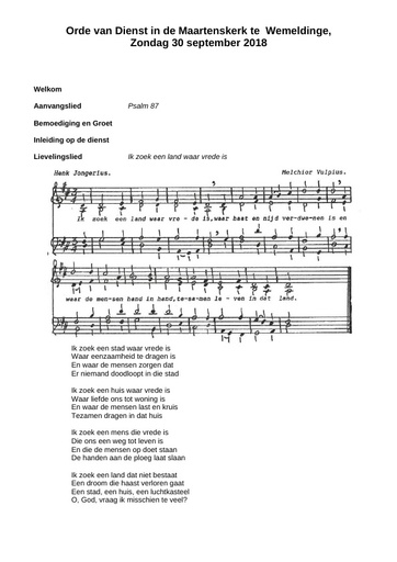 Orde van dienst  zondagsbrief 30 september 2018