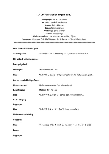 ORDE VAN DIENST EN ZONDAGSBRIEF  19 juli 2020