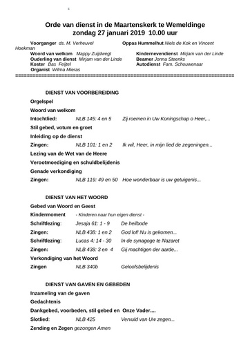 Orde van dienst 27 januari 2019