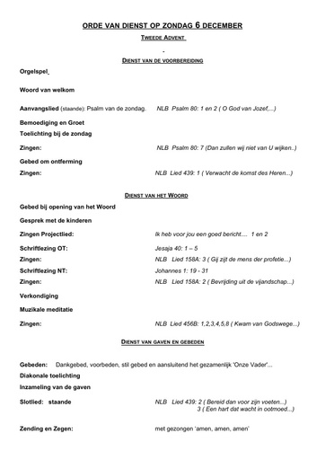 Orde van dienst en zondagsbrief 6 december 2020