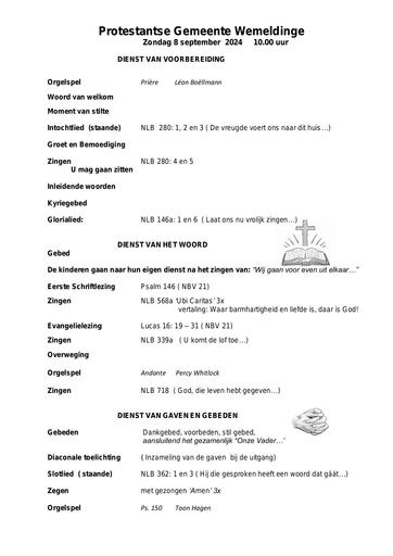 Orde van dienst 8 september 2024