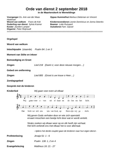 Orde van dienst   2 september 2018