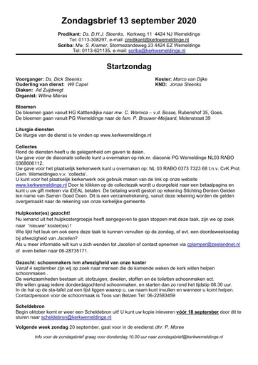 Zondagsbrief 13 september 2020