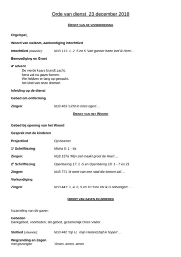Orde van dienst  23 december 2018