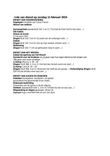 Orde van dienst op zondag 11 februari 2024