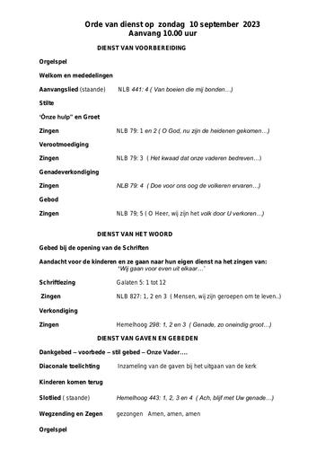 Orde van dienst en zondagsbrief 10 september 2023