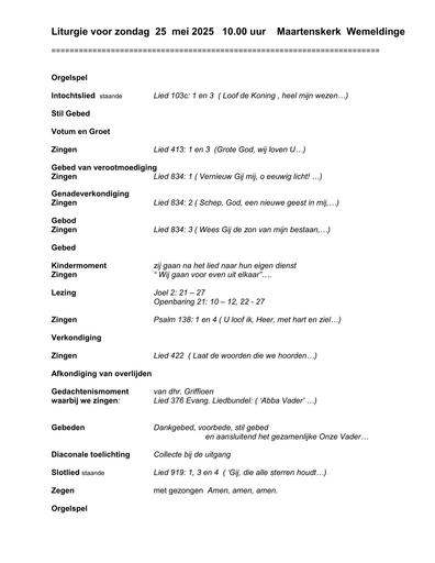 Orde van dienst 25 mei 2025