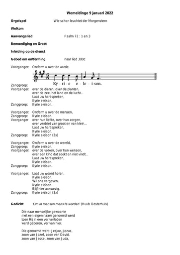 Orde van dienst en nieuwsbrief 9  januari 2022