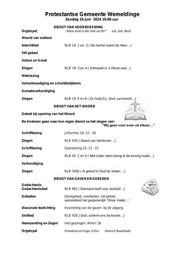 Orde van dienst 16 juni 2024
