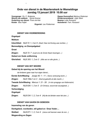 Orde van dienst  13 januari 2019