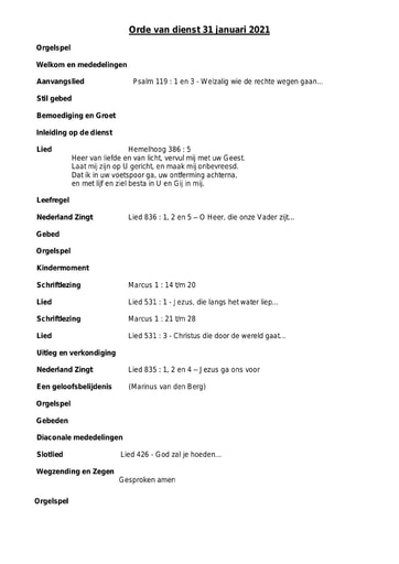 Orde van dienst en zondagsbrief 31  januari 2021 docx