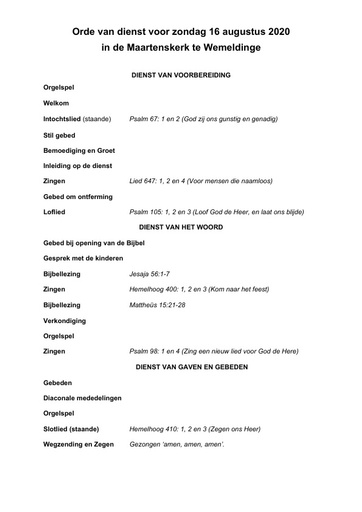 Orde van dienst en zondagsbrief 16 augustus 2020