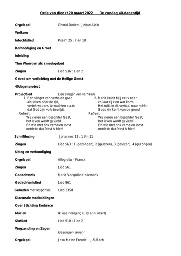 Orde van dienst en zondagsbrief 20 maart 2022