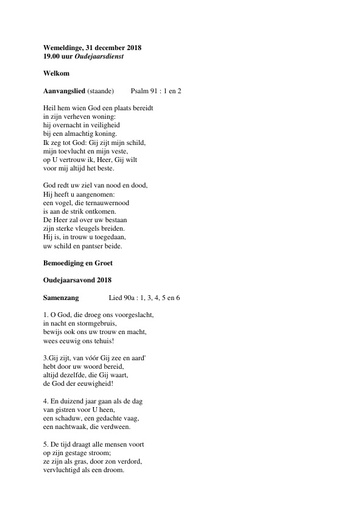 Orde van dienst 31 december 2018 Oudejaarsdienst