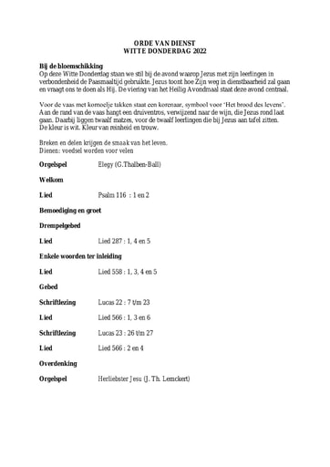 Orde van dienst 14 april 2022 Witte donderdag
