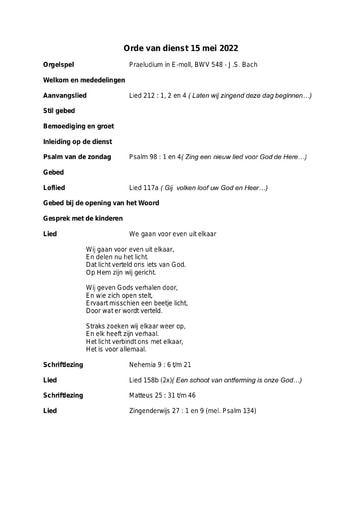 Orde van dienst en zondagsbrief 15 mei 2022