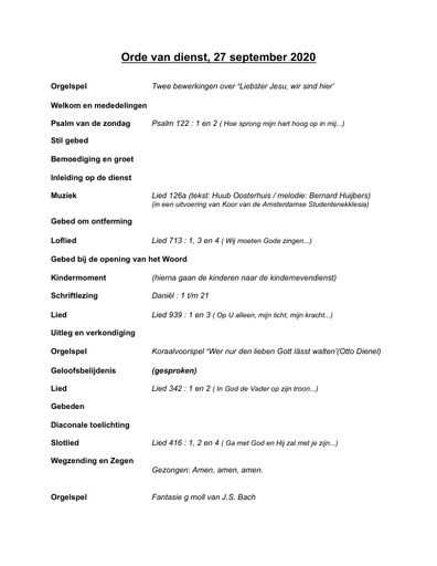 Orde van dienst en zondagsbrief 27 september 2020