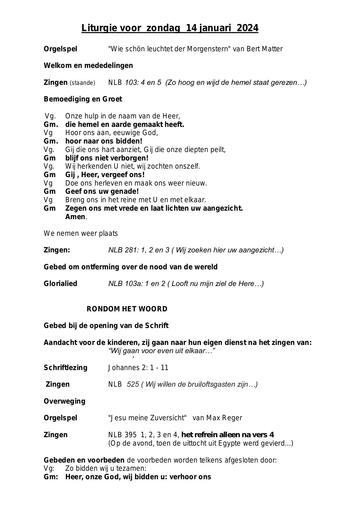 Orde van dienst en zondagsbrief 14 januari 2024 schrift en tafel