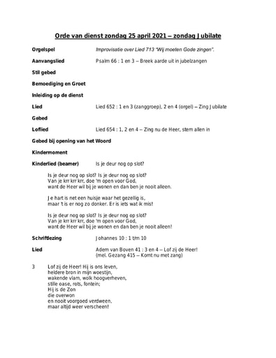 Orde van dienst en zondagsbrief 25 april 2021