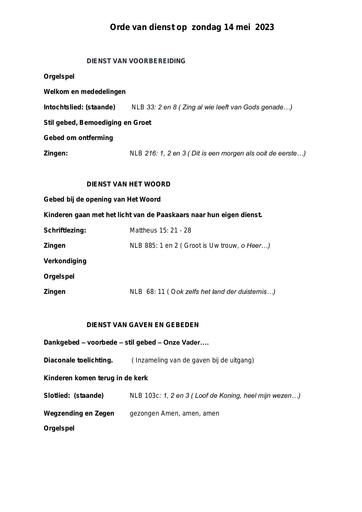 Orde van dienst en zondagsbrief 14 mei 2023
