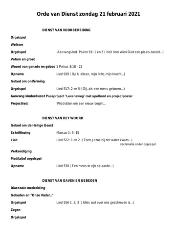 Orde van dienst en zondagsbrief 21 februari 2021