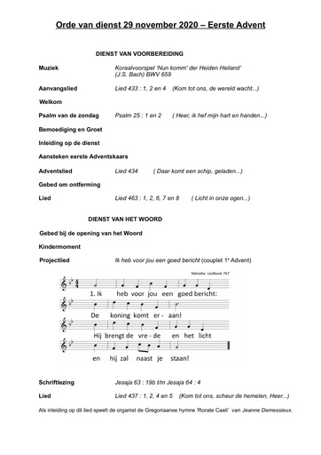 Orde van dienst en zondagsbrief 29 november 2020