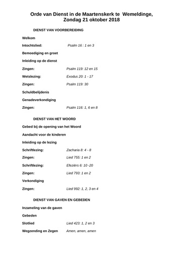Orde van dienst 21 oktober 2018