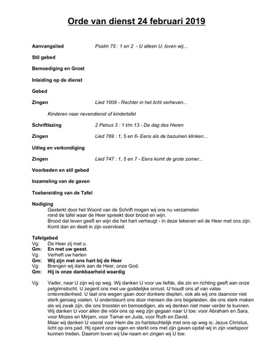 Orde van dienst 24 februari 2019