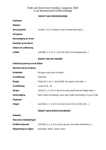 Orde van dienst en zondagsbrief 31 juli 2021