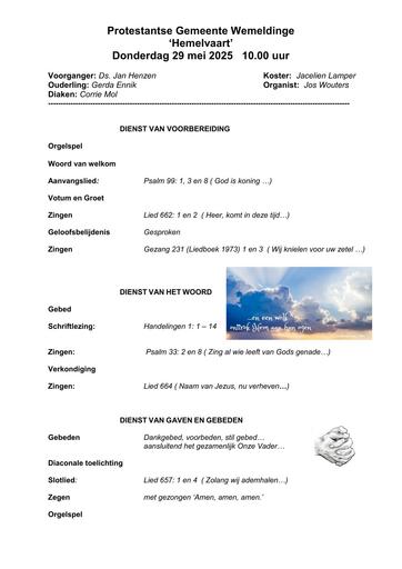 Orde van dienst 29 mei  2025 Hemelvaartsdag