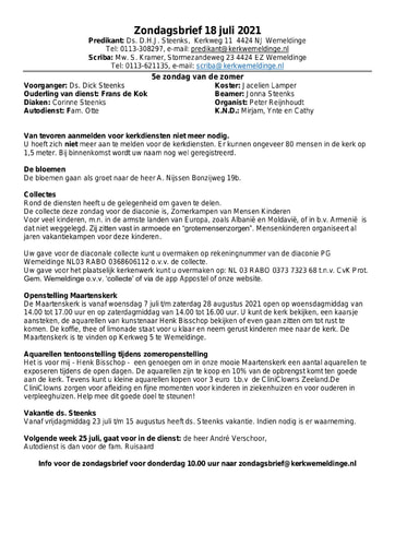 Zondagsbrief 18 juli 2021