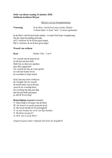 Orde van dienst zondag 14 oktober 2018