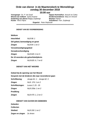 Orde van dienst en Zondagsbrief 30 dec  2018