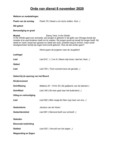 Orde van dienst & zondagsbrief 8 november 2020