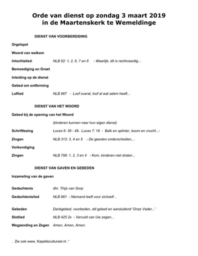 Orde van dienst   3 maart 2019