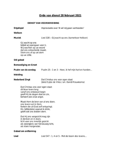 Orde van dienst en zondagsbrief  28 februari 2021
