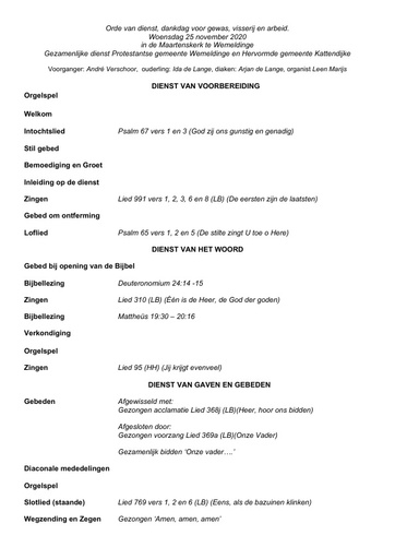 Orde van dienst Dankdag 25 november 2020