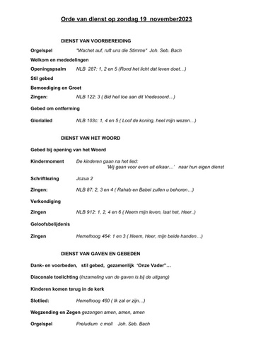 Orde van dienst en zondagsbrief 19  november 2023